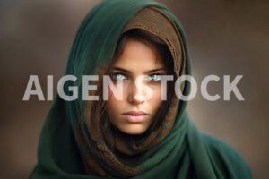 An afghan woman closeup with a green head scarf in the style of a National Geographic Photo