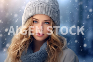 A beautiful woman closeup wearing a winter cap in the snow