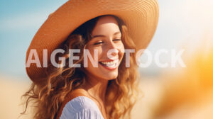 A smiling and happy blond  woman closeup in a summer environment, with a hat