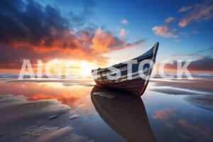 A small fishing boat stuck in the sand in a low tide dramatic sun set scenery