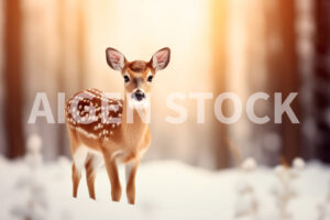 A baby deer standing in the middle of a forest with snow