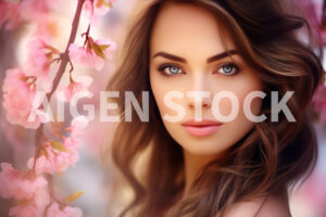 A spring concept headshot with a beautiful face near some rose cheey blossom, representing spring