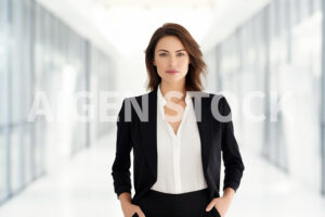 Concept of business woman with a dark business jacket and clean professional light background