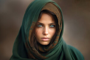 An afghan woman closeup with a green head scarf in the style of a National Geographic Photo