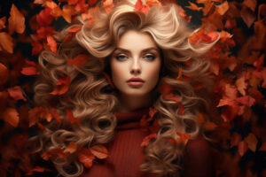 A beautiful woman closeup as an autumn concept representation with some red leaves mixed with the blond hair