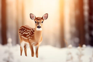 A baby deer standing in the middle of a forest with snow 