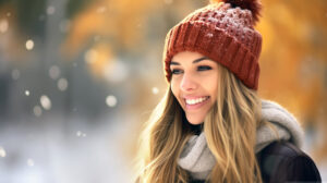 A beautiful happy woman, smiling, with a winter cap in a snow environment