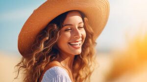 A smiling and happy blond  woman closeup in a summer environment, with a hat