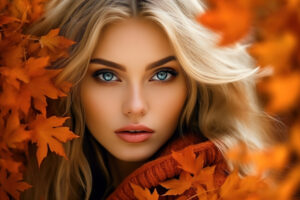 A beautiful woman head closeup in a autumn setup with some leaves mixed with the blond hair