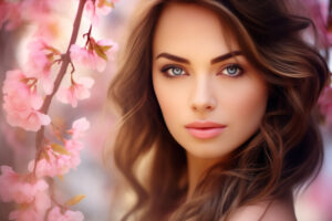 A spring concept headshot with a beautiful face near some rose cheey blossom, representing spring