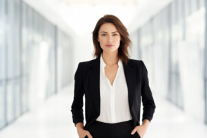 Concept of business woman with a dark business jacket and clean professional light background