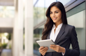 An elegant and smiling business woman holding a table inside a bright business office