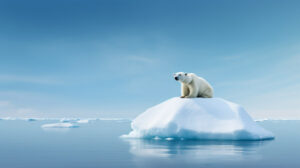 a polar bear in a small iceberg, isolated in the sea, could represent the concept of climate change