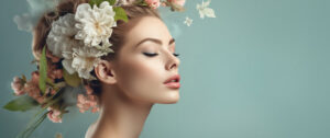 A beautiful woman wearing a spring flower set in her in a side view