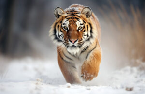 A beautiful tiger walking on the snow with depth of focus and a lot of detail