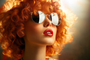 A closeup portrait of a beautiful woman with studio light reflecting on sun glasses