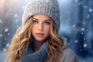 A beautiful woman closeup wearing a winter cap in the snow