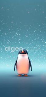 Penguin standing in snowy, whimsical scene.